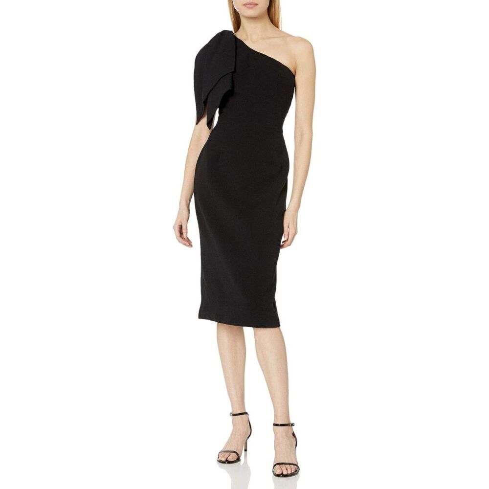 Dress the Population Tiffany One Shoulder Bow Detail Midi Sheath Dress, Large